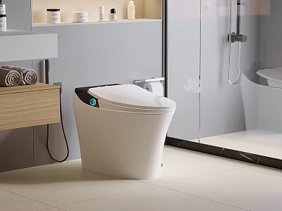 Smart Modern Toilet In Contemporary Bathroom With Vanity Towels And Glass Shower 3d model