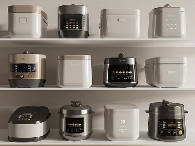 Various Styles of Rice Cookers and Pressure Cookers on White Kitchen Shelves with Digital Panels 3d model