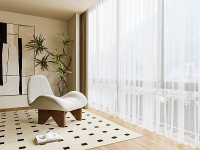 White Lounge Chair With Wooden Legs By Window Featuring Black White Checkered Rug Green Plants 3d model