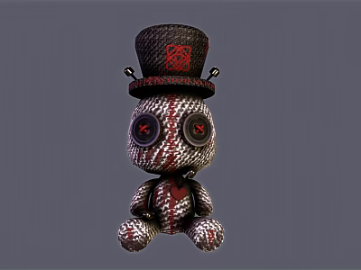 Stuffed Doll With Black Top Hat Red Accents Round Eyes And Black White Red Pattern 3d model