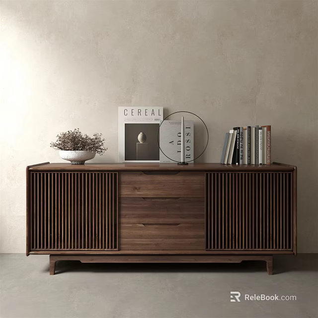 Minimalist Walnut Sideboard With Vertical Slat Doors White Bowl Plant Circular Decor And Books 3d model 