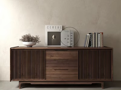 Minimalist Walnut Sideboard With Vertical Slat Doors White Bowl Plant Circular Decor And Books 3d model