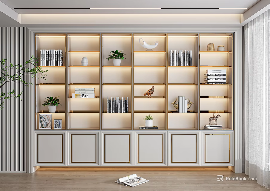 Modern Wooden Bookcase With Open Shelves Books Green Plants And Decorative Ornaments 3d model 