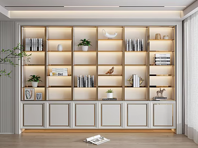 Modern Wooden Bookcase With Open Shelves Books Green Plants And Decorative Ornaments 3d model