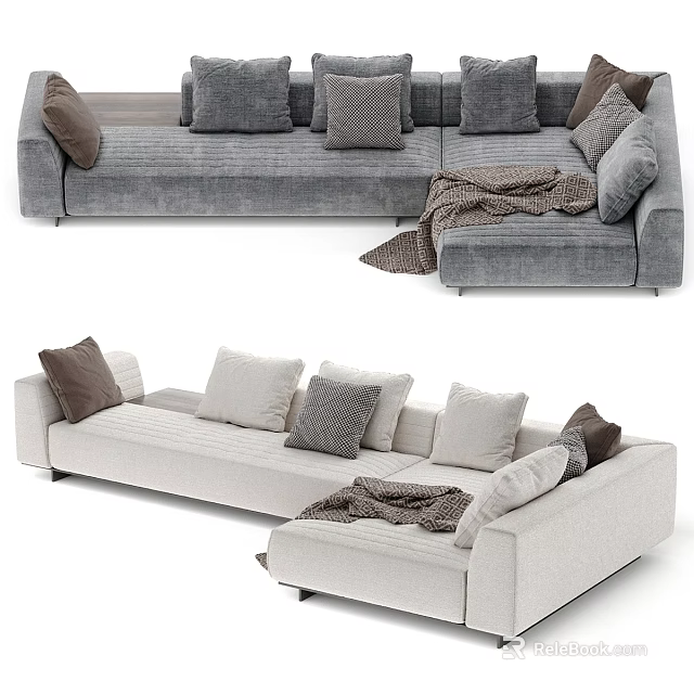 Modern Sectional Sofa in Gray and Beige with Plush Cushions and Cozy Throw Blanket 3d model 