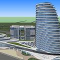 Modern Spiral Office Building Complex With Green Spaces Water Features And Pathways 3d model