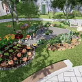 Colorful Children's Playground With Slides Play Structures Blue Flooring Green Lawn And Trees