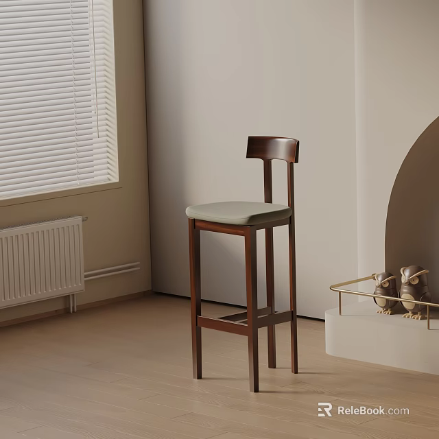 Modern Wooden Bar Stool With Light Green Cushioned Seat In Interior Room With Window Blinds 3d model 