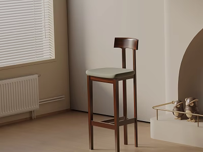 Modern Wooden Bar Stool With Light Green Cushioned Seat In Interior Room With Window Blinds 3d model