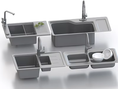 Modern Gray Kitchen Sinks With Faucet Drainer And Multiple Functional Designs 3d model
