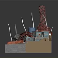 Construction Site Components 3D Model With Red Crane Blue Tank White Poles And Building Modules
