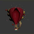 Red Hot Air Balloon With Golden Spiral Decorations And Floating Red Fragments On Gray Background