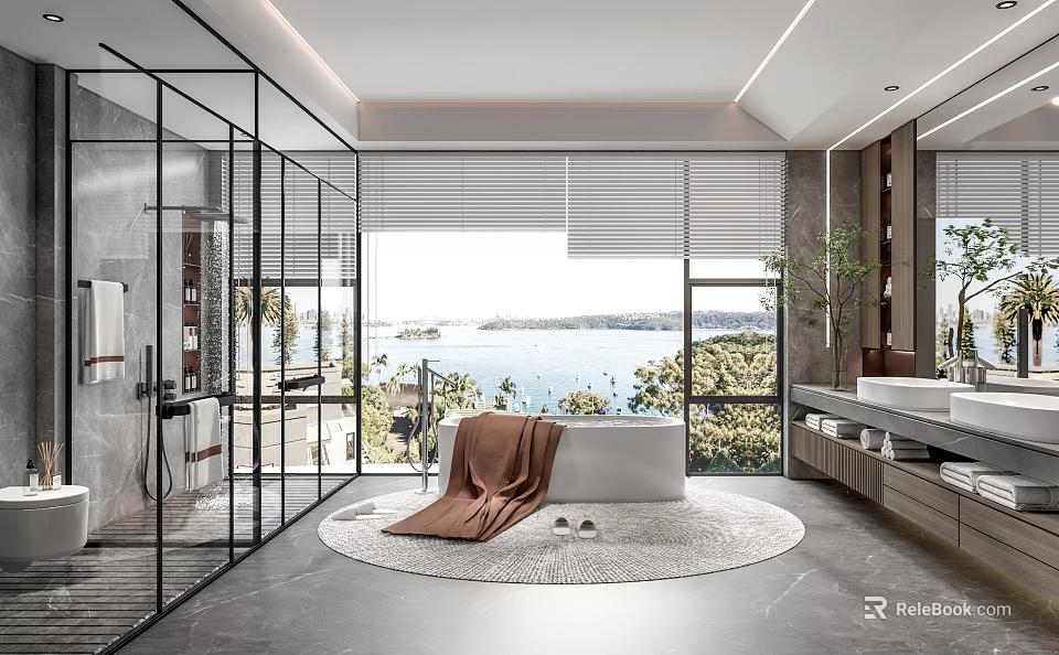 Modern Bathroom Interior Design with Glass Shower Enclosure Bathtub Lake View and Marble Countertop 3d model 