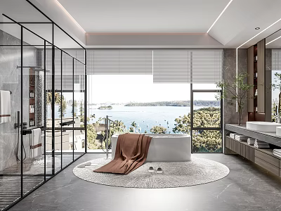 Modern Bathroom Interior Design with Glass Shower Enclosure Bathtub Lake View and Marble Countertop 3d model