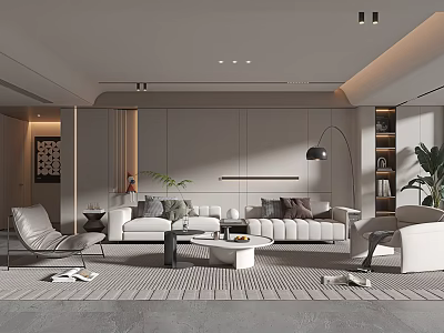 Modern Living Room Interior With White Sofa Armchairs Coffee Tables And Plants 3d model