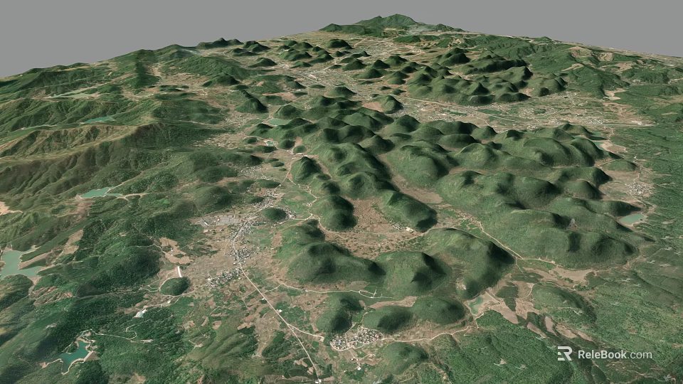 3D Terrain Model of Mountainous Landscape With Green Vegetation Road Networks and Rural Settlements 3d model 