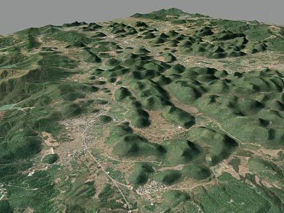 3D Terrain Model of Mountainous Landscape With Green Vegetation Road Networks and Rural Settlements 3d model