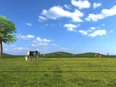 Scenic Green Meadow Landscape With Blue Sky White Clouds And Grazing Horses 3d model