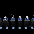 Multiple Educational Medical Anatomical Skull Specimens on Blue Display Stands Black Background