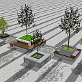Outdoor Tree Planters Design With Stone Bases And Green Trees On Patterned Pavement 3d model