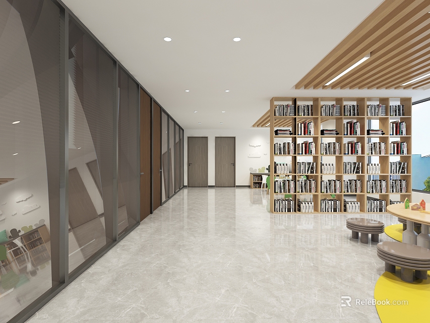 Book Art Themed Interior Design With Wooden Bookshelves And Artistic Decorations 3d model 