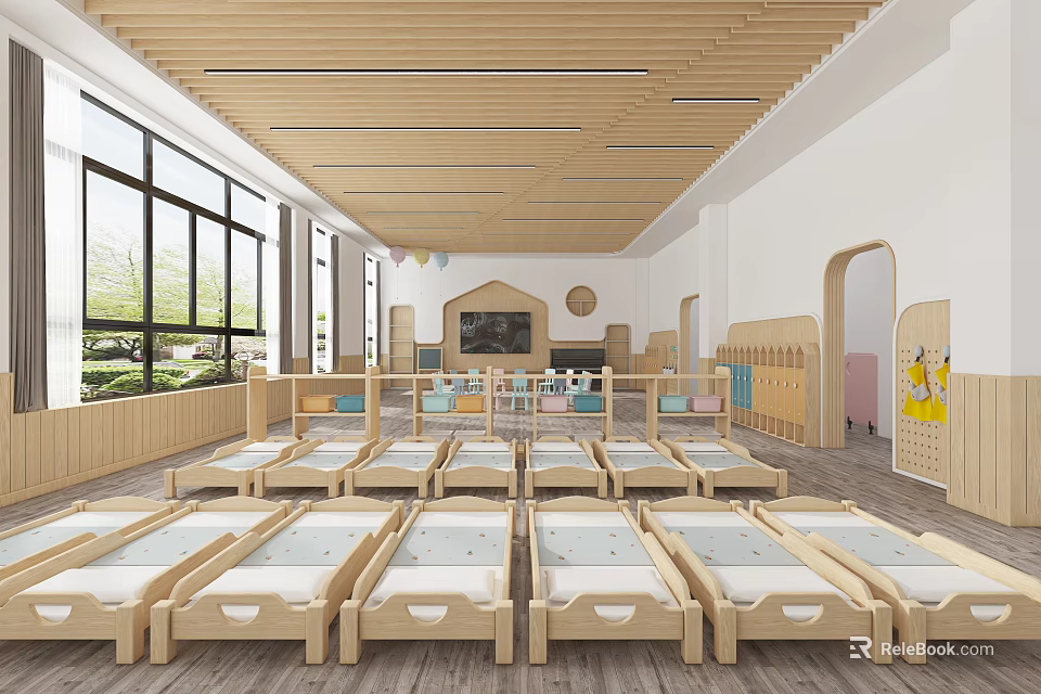 Kindergarten Indoor Environment with Neatly Arranged Wooden Beds Large Windows Natural Light and Wooden Ceiling 3d model 