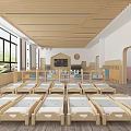 Kindergarten Indoor Environment with Neatly Arranged Wooden Beds Large Windows Natural Light and Wooden Ceiling