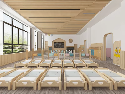 Kindergarten Indoor Environment with Neatly Arranged Wooden Beds Large Windows Natural Light and Wooden Ceiling 3d model