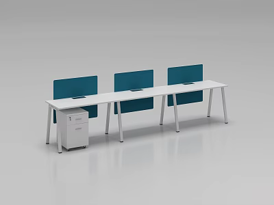 Modern Office Desk with Three Blue Partitions White Tabletop White Legs and Filing Cabinet 3d model