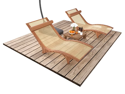 Wooden Frame Lounge Chairs With Woven Rattan Seats On Wooden Deck And Side Table With Fruits Flowers 3d model