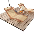 Wooden Frame Lounge Chairs With Woven Rattan Seats On Wooden Deck And Side Table With Fruits Flowers