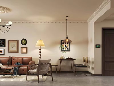 Cozy Living and Dining Room Interior With Brown Sofa Dining Table And Decorative Paintings 3d model