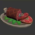 Sliced Roast Ham on Platter with Fresh Green Decorative Leaves Serving
