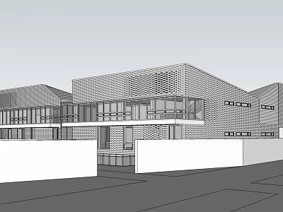 Modern Architectural Wireframe Design With Grid Facade Large Windows And White Wall Entrance 3d model