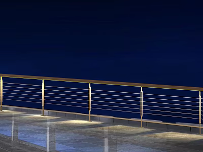 Modern Public Facility Corridor Featuring Metal Cable Railings And Tile Flooring 3d model