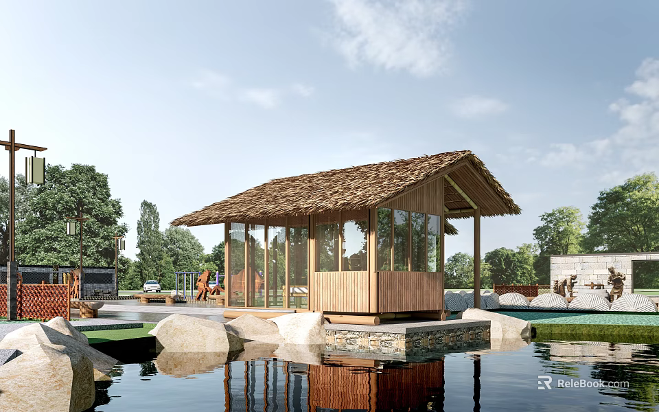Scenic Wooden Waterfront Hut With Thatched Roof And Stone Decorations By Lake 3d model 
