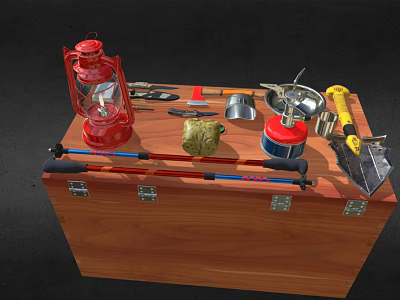 Various Hardware Tools In Wooden Toolbox With Lantern Wrench Hammer And Shovel 3d model