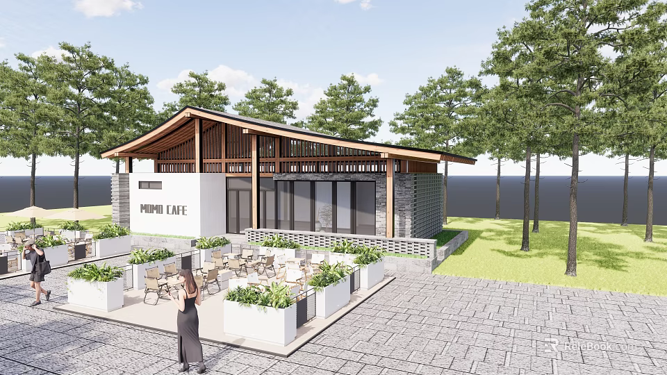 Pearl Lake Post Station With Wooden Roof Stone Walls And Outdoor Seating Area Surrounded By Trees 3d model 