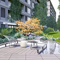 Modern Landscape Walls in Community Park With Seating Area Trees And Pathway