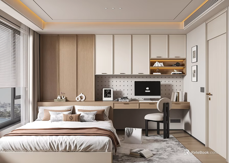 Modern Tatami Bedroom Interior With Bed Desk Cabinet And Window Decor 3d model 
