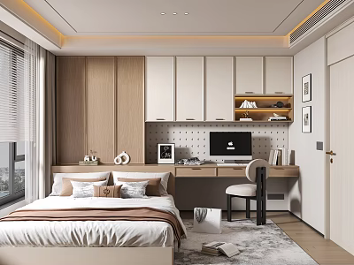 Modern Tatami Bedroom Interior With Bed Desk Cabinet And Window Decor 3d model