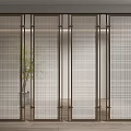 Modern Room Divider With Metal Frame Grid Pattern For Contemporary Interior And Green Plant
