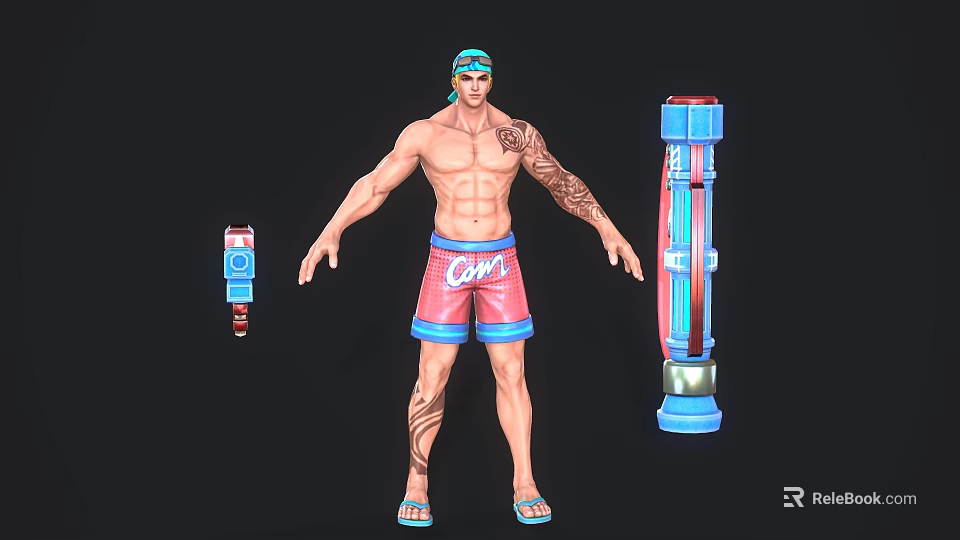 Shirtless Muscular Man With Blue Headband Arm Tattoos Red Blue Shorts Flip Flops And Cylinders 3d model 