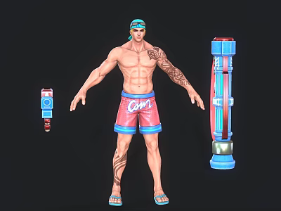 Shirtless Muscular Man With Blue Headband Arm Tattoos Red Blue Shorts Flip Flops And Cylinders 3d model