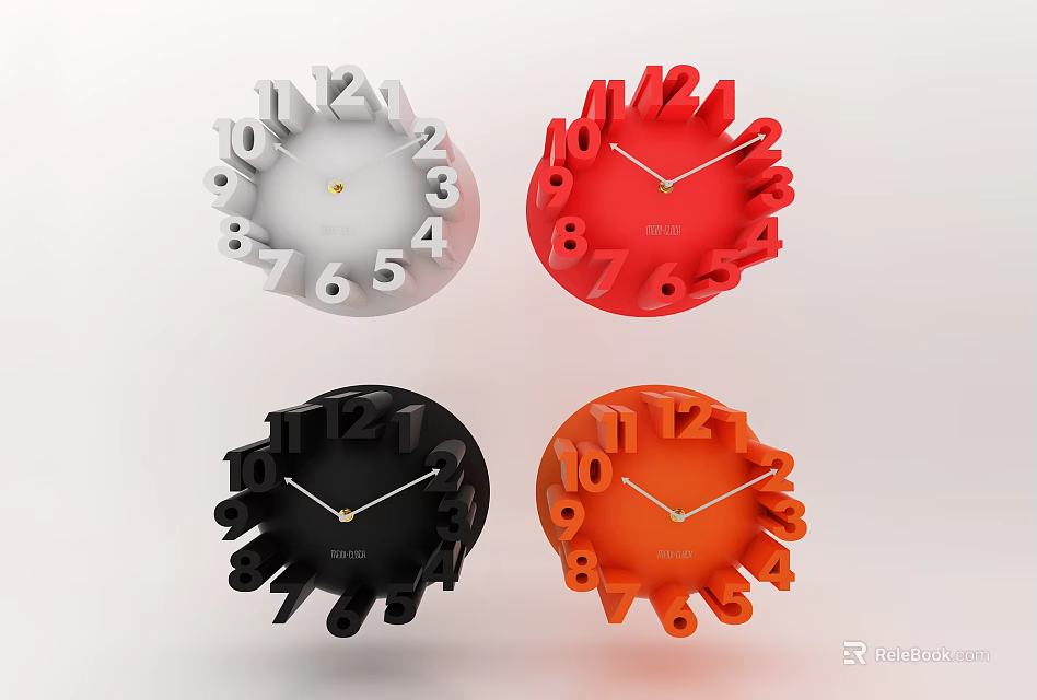 Colorful Unique Design Clocks With 3D Numbers In White Red Black Orange 3d model 