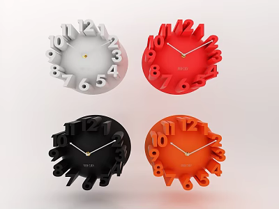 Colorful Unique Design Clocks With 3D Numbers In White Red Black Orange 3d model