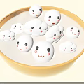Delicious Smiley Face Dessert Dumplings in Yellow Bowl with Sweet Syrup