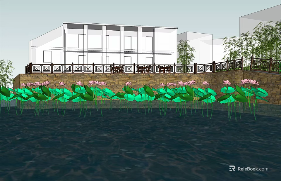 Water Fountain Feature With Lotus Flowers And Building Near Stone Railing 3d model 