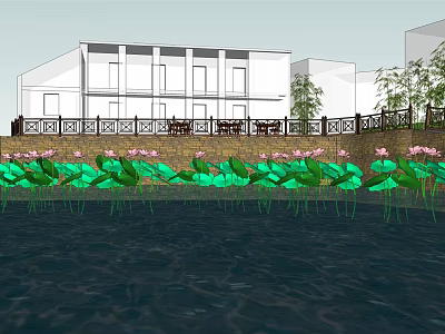 Water Fountain Feature With Lotus Flowers And Building Near Stone Railing 3d model