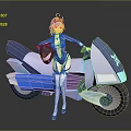 Futuristic Blue And White Motorcycle With Pink Haired Character Holding Helmet